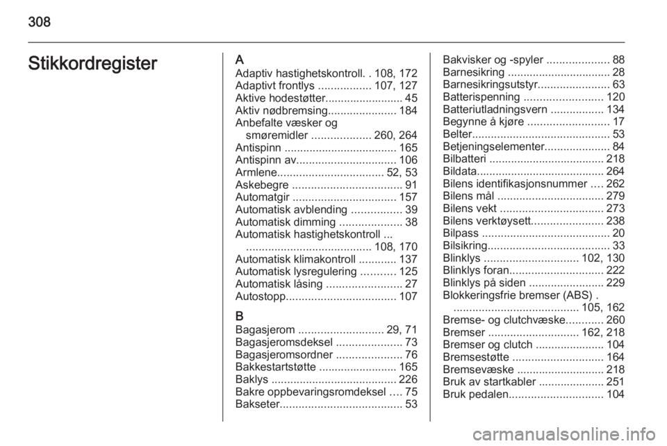 OPEL INSIGNIA 2015  Instruksjonsbok 308StikkordregisterAAdaptiv hastighetskontroll ..108, 172
Adaptivt frontlys  .................107, 127
Aktive hodestøtter......................... 45
Aktiv nødbremsing ......................184
Anbe