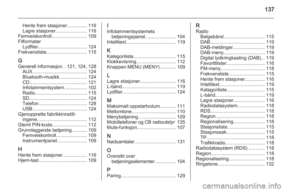 OPEL INSIGNIA 2015.5  Brukerhåndbok for infotainmentsystem 137
Hente frem stasjoner...............116
Lagre stasjoner .......................116
Femveiskontroll .......................... 109
Filformater Lydfiler..................................... 124
Frekv