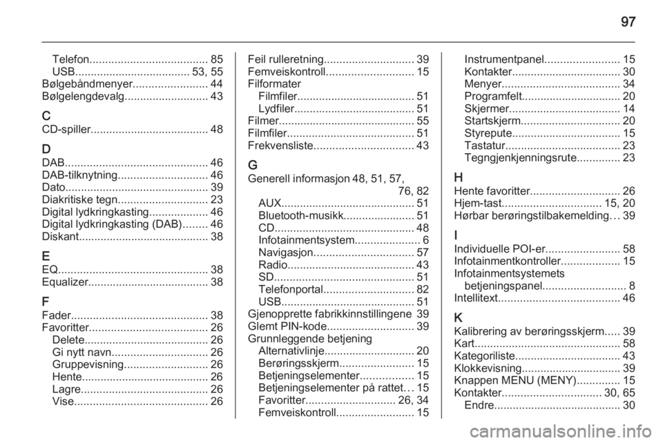 OPEL INSIGNIA 2015.5  Brukerhåndbok for infotainmentsystem 97
Telefon...................................... 85
USB ..................................... 53, 55
Bølgebåndmenyer ........................44
Bølgelengdevalg ........................... 43
C CD-s