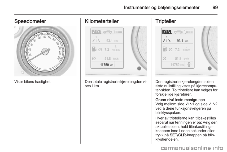 OPEL INSIGNIA 2015.5 Instruksjonsbok Instrumenter og betjeningselementer99Speedometer
Viser bilens hastighet.
Kilometerteller
Den totale registrerte kjørelengden vi‐
ses i km.
Tripteller
Den registrerte kjørelengden siden
siste nulls OPEL INSIGNIA 2015.5 Instruksjonsbok Instrumenter og betjeningselementer99Speedometer
Viser bilens hastighet.
Kilometerteller
Den totale registrerte kjørelengden vi‐
ses i km.
Tripteller
Den registrerte kjørelengden siden
siste nulls