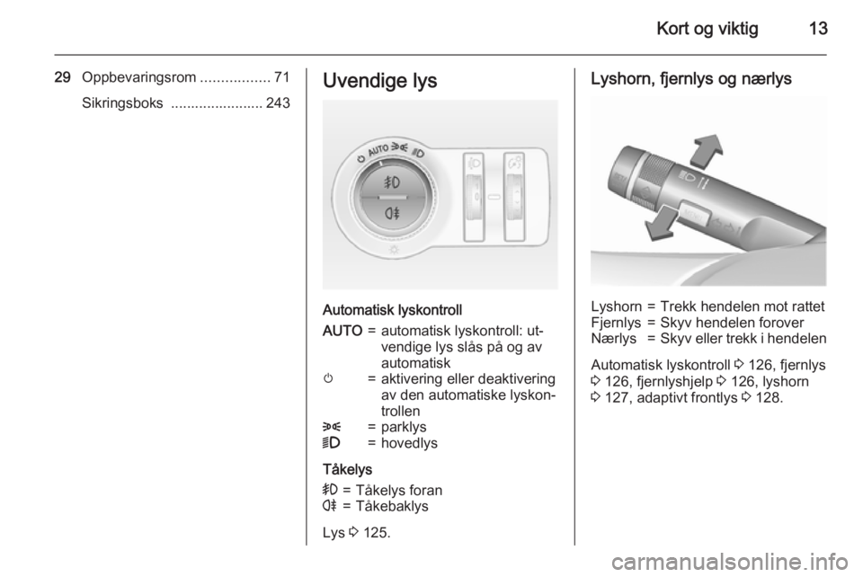 OPEL INSIGNIA 2015.5  Instruksjonsbok Kort og viktig13
29Oppbevaringsrom .................71
Sikringsboks  ....................... 243Uvendige lys
Automatisk lyskontroll
AUTO=automatisk lyskontroll: ut‐
vendige lys slås på og av
autom