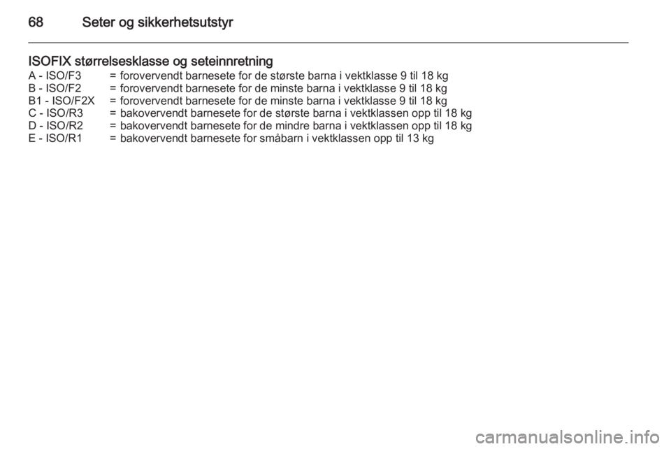 OPEL INSIGNIA 2015.5  Instruksjonsbok 68Seter og sikkerhetsutstyr
ISOFIX størrelsesklasse og seteinnretningA - ISO/F3=forovervendt barnesete for de største barna i vektklasse 9 til 18 kgB - ISO/F2=forovervendt barnesete for de minste ba