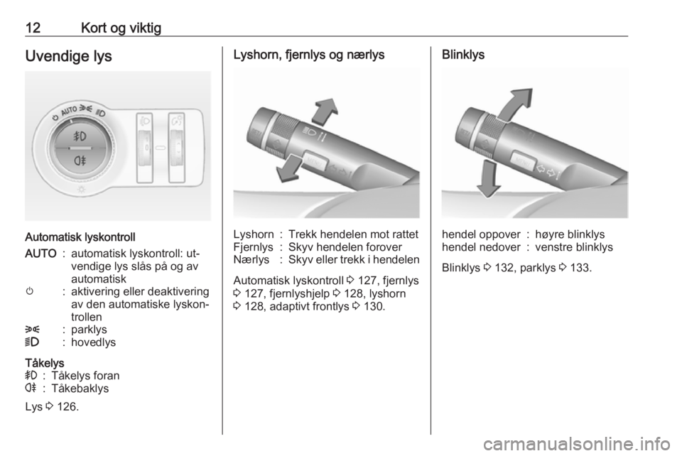 OPEL INSIGNIA 2016  Instruksjonsbok 12Kort og viktigUvendige lys
Automatisk lyskontroll
AUTO:automatisk lyskontroll: ut‐
vendige lys slås på og av
automatiskm:aktivering eller deaktivering
av den automatiske lyskon‐
trollen8:parkl
