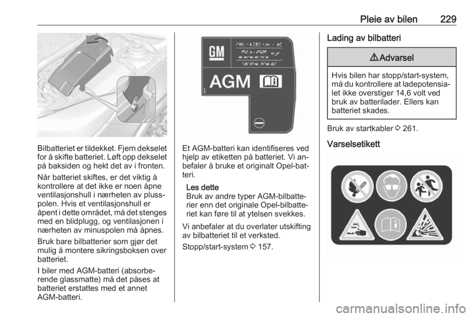 OPEL INSIGNIA 2016  Instruksjonsbok Pleie av bilen229
Bilbatteriet er tildekket. Fjern dekselet
for å skifte batteriet. Løft opp dekselet
på baksiden og hekt det av i fronten.
Når batteriet skiftes, er det viktig å
kontrollere at d