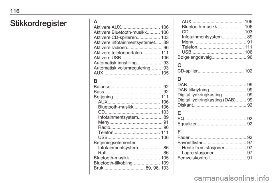 OPEL INSIGNIA 2016.5  Brukerhåndbok for infotainmentsystem 116StikkordregisterAAktivere AUX .............................. 106
Aktivere Bluetooth-musikk ..........106
Aktivere CD-spilleren ..................103
Aktivere infotainmentsystemet...... 89
Aktivere 