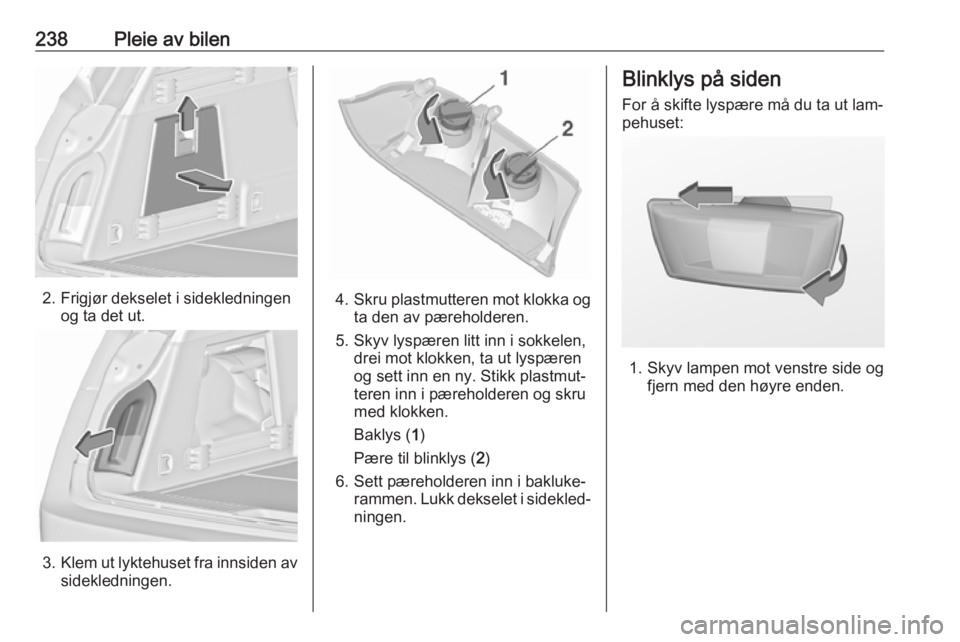 OPEL INSIGNIA 2016.5  Instruksjonsbok 238Pleie av bilen
2. Frigjør dekselet i sidekledningenog ta det ut.
3.Klem ut lyktehuset fra innsiden av
sidekledningen.
4. Skru plastmutteren mot klokka og
ta den av pæreholderen.
5. Skyv lyspæren