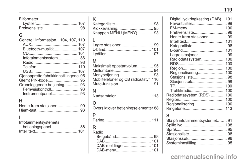 OPEL INSIGNIA 2017 Brukerhåndbok for infotainmentsystem 119FilformaterLydfiler..................................... 107
Frekvensliste ................................ 98
G Generell informasjon ..104, 107, 110
AUX ......................................... 1 OPEL INSIGNIA 2017 Brukerhåndbok for infotainmentsystem 119FilformaterLydfiler..................................... 107
Frekvensliste ................................ 98
G Generell informasjon ..104, 107, 110
AUX ......................................... 1