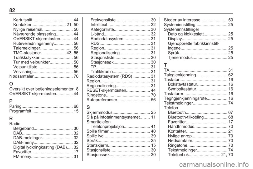 OPEL INSIGNIA 2017  Brukerhåndbok for infotainmentsystem 82Kartutsnitt.................................. 44
Kontakter ............................. 21, 50
Nylige reisemål.......................... 50
Nåværende plassering ..............44
OVERSIKT-skjermt