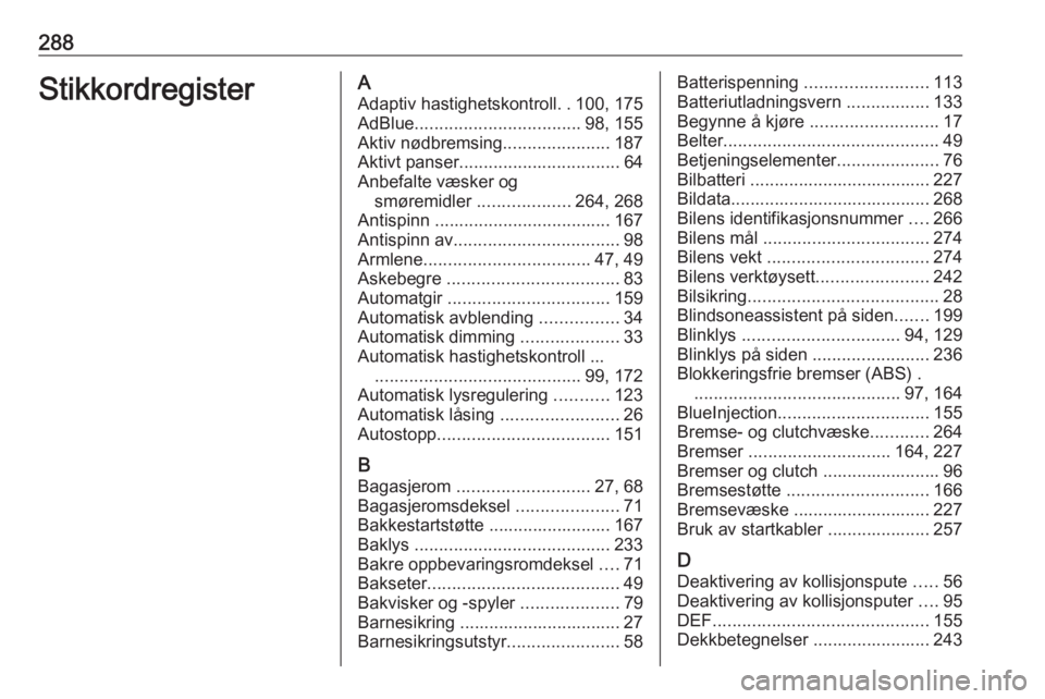 OPEL INSIGNIA BREAK 2017.5 Instruksjonsbok 288StikkordregisterAAdaptiv hastighetskontroll ..100, 175
AdBlue .................................. 98, 155
Aktiv nødbremsing ......................187
Aktivt panser ................................. OPEL INSIGNIA BREAK 2017.5 Instruksjonsbok 288StikkordregisterAAdaptiv hastighetskontroll ..100, 175
AdBlue .................................. 98, 155
Aktiv nødbremsing ......................187
Aktivt panser .................................
