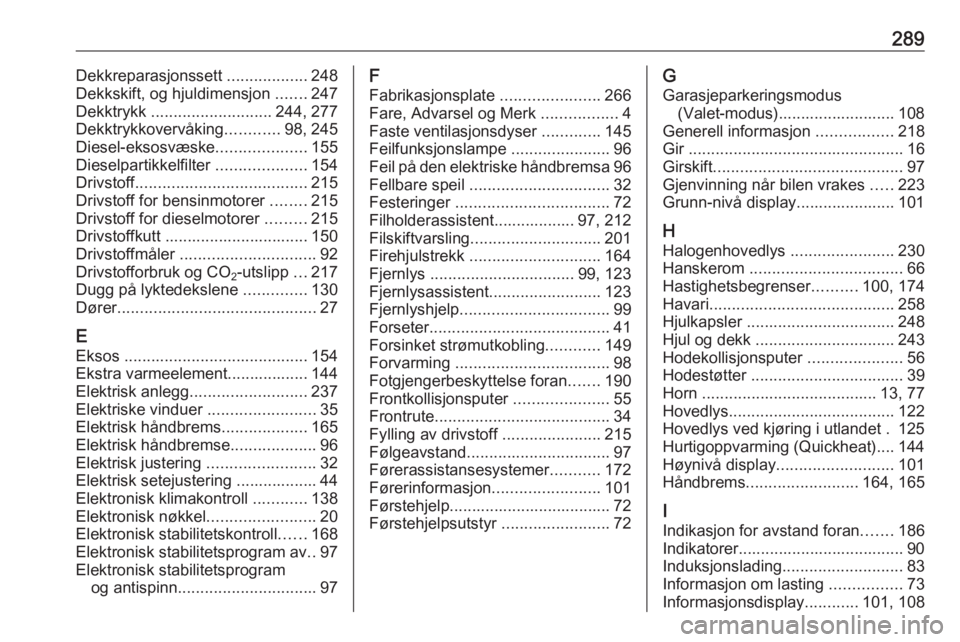 OPEL INSIGNIA BREAK 2017.5  Instruksjonsbok 289Dekkreparasjonssett ..................248
Dekkskift, og hjuldimensjon  .......247
Dekktrykk  ........................... 244, 277
Dekktrykkovervåking ............98, 245
Diesel-eksosvæske .......