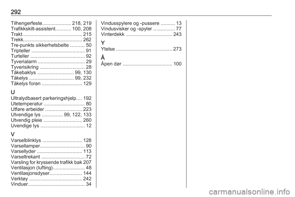 OPEL INSIGNIA BREAK 2017.5  Instruksjonsbok 292Tilhengerfeste.....................218, 219
Trafikkskilt-assistent ...........100, 208
Trakt ........................................... 215
Trekk........................................... 262
Tre