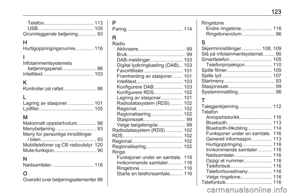 OPEL INSIGNIA BREAK 2017.75 Brukerhåndbok for infotainmentsystem 123Telefon.................................... 113
USB ......................................... 105
Grunnleggende betjening .............93
H
Hurtigoppringingsnumre .............116
I Infotainmentsys OPEL INSIGNIA BREAK 2017.75 Brukerhåndbok for infotainmentsystem 123Telefon.................................... 113
USB ......................................... 105
Grunnleggende betjening .............93
H
Hurtigoppringingsnumre .............116
I Infotainmentsys