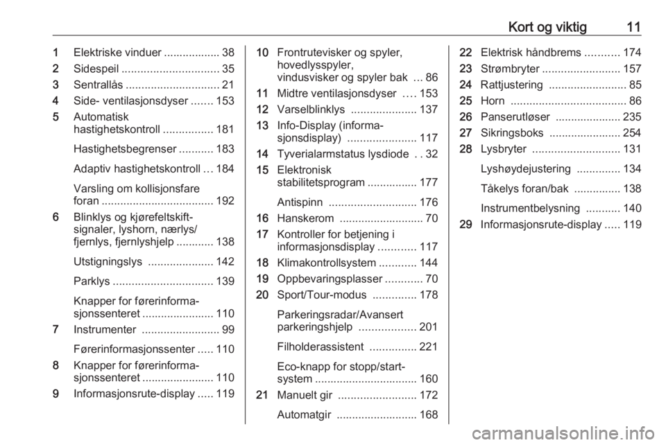 OPEL INSIGNIA BREAK 2017.75  Instruksjonsbok Kort og viktig111Elektriske vinduer .................. 38
2 Sidespeil ............................... 35
3 Sentrallås .............................. 21
4 Side- ventilasjonsdyser .......153
5 Automati