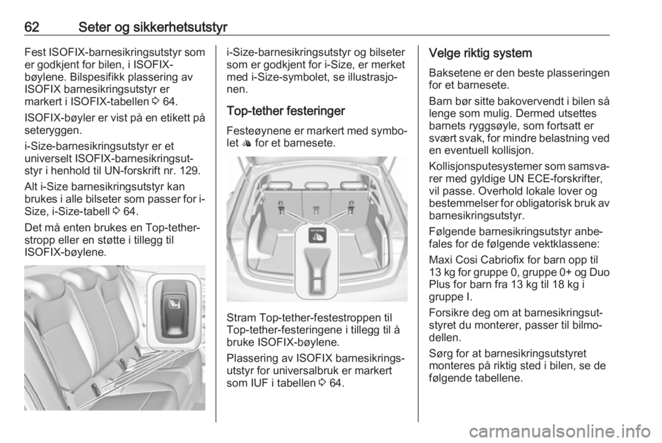 OPEL INSIGNIA BREAK 2017.75 Instruksjonsbok 62Seter og sikkerhetsutstyrFest ISOFIX-barnesikringsutstyr som
er godkjent for bilen, i ISOFIX-
bøylene. Bilspesifikk plassering av
ISOFIX barnesikringsutstyr er
markert i ISOFIX-tabellen 3 64.
ISOF OPEL INSIGNIA BREAK 2017.75 Instruksjonsbok 62Seter og sikkerhetsutstyrFest ISOFIX-barnesikringsutstyr som
er godkjent for bilen, i ISOFIX-
bøylene. Bilspesifikk plassering av
ISOFIX barnesikringsutstyr er
markert i ISOFIX-tabellen 3 64.
ISOF