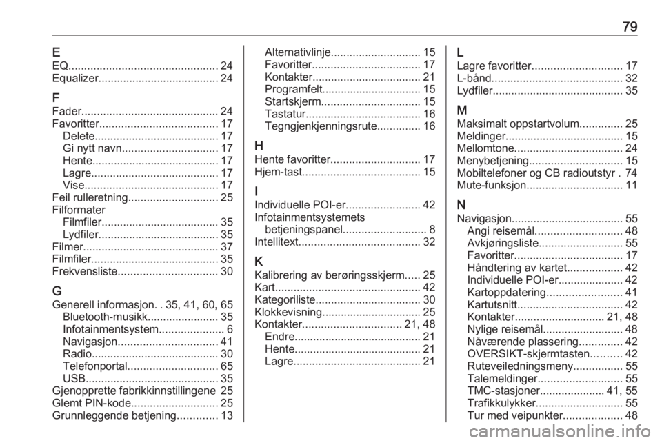 OPEL INSIGNIA BREAK 2018  Brukerhåndbok for infotainmentsystem 79EEQ ................................................ 24
Equalizer....................................... 24
F
Fader ............................................ 24
Favoritter .......................