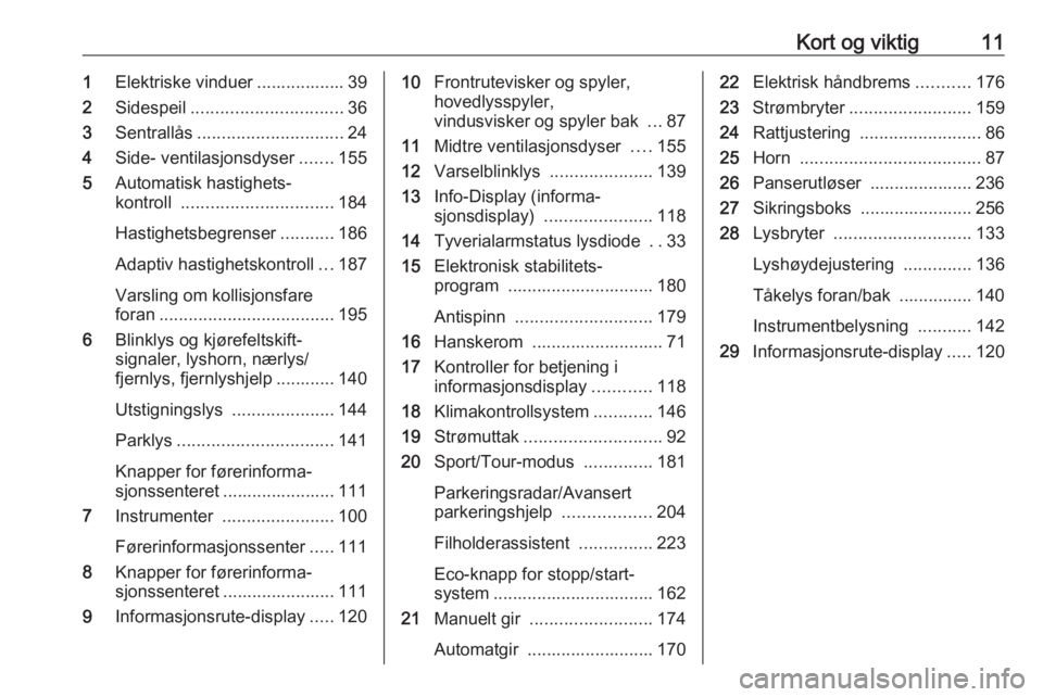 OPEL INSIGNIA BREAK 2018.5  Instruksjonsbok Kort og viktig111Elektriske vinduer .................. 39
2 Sidespeil ............................... 36
3 Sentrallås .............................. 24
4 Side- ventilasjonsdyser .......155
5 Automati