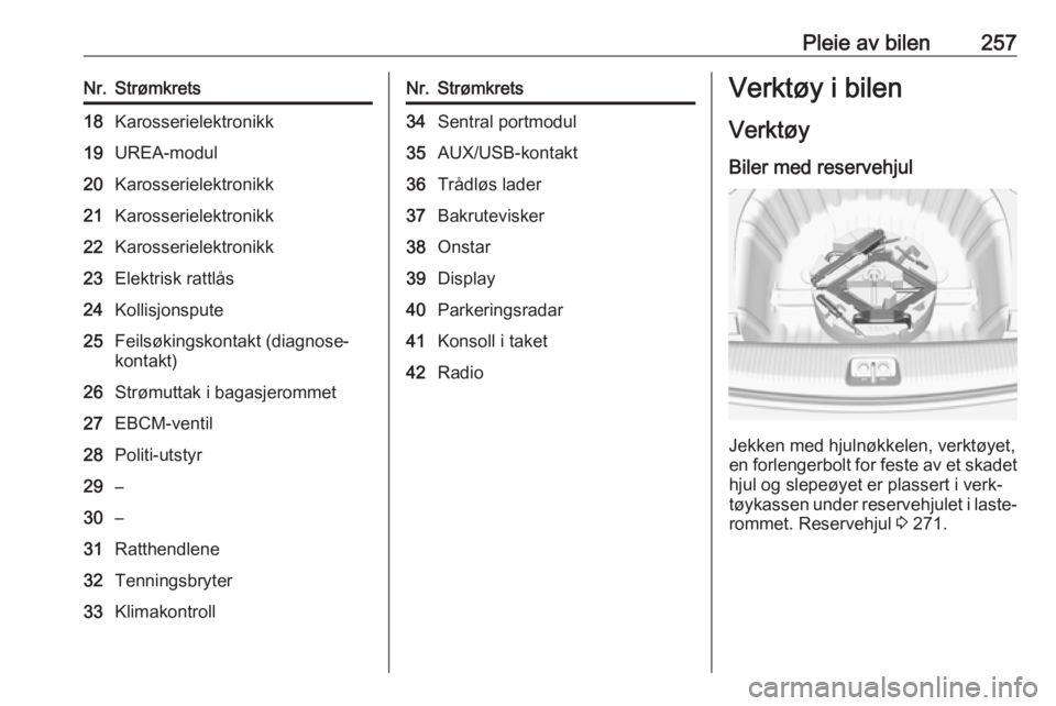 OPEL INSIGNIA BREAK 2018.5  Instruksjonsbok Pleie av bilen257Nr.Strømkrets18Karosserielektronikk19UREA-modul20Karosserielektronikk21Karosserielektronikk22Karosserielektronikk23Elektrisk rattlås24Kollisjonspute25Feilsøkingskontakt (diagnose�