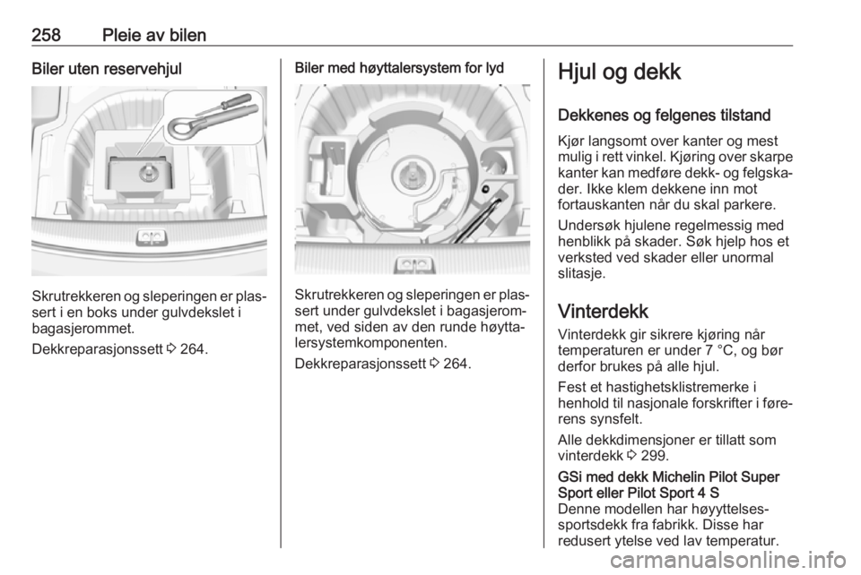 OPEL INSIGNIA BREAK 2018.5  Instruksjonsbok 258Pleie av bilenBiler uten reservehjul
Skrutrekkeren og sleperingen er plas‐
sert i en boks under gulvdekslet i
bagasjerommet.
Dekkreparasjonssett  3 264.
Biler med høyttalersystem for lyd
Skrutre