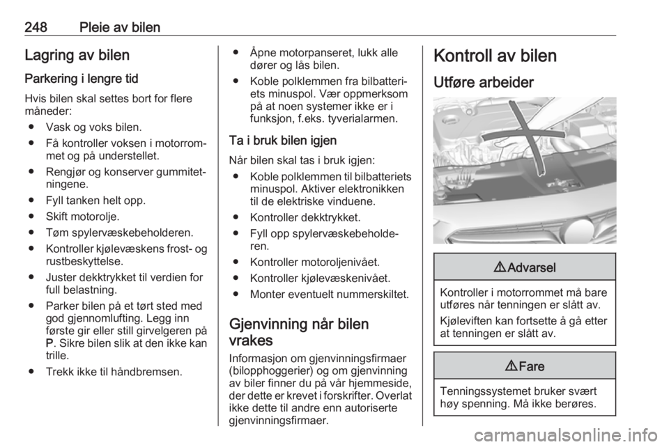 OPEL INSIGNIA BREAK 2019 Instruksjonsbok 248Pleie av bilenLagring av bilen
Parkering i lengre tid
Hvis bilen skal settes bort for flere
måneder:
● Vask og voks bilen.
● Få kontroller voksen i motorrom‐ met og på understellet.
● Re OPEL INSIGNIA BREAK 2019 Instruksjonsbok 248Pleie av bilenLagring av bilen
Parkering i lengre tid
Hvis bilen skal settes bort for flere
måneder:
● Vask og voks bilen.
● Få kontroller voksen i motorrom‐ met og på understellet.
● Re