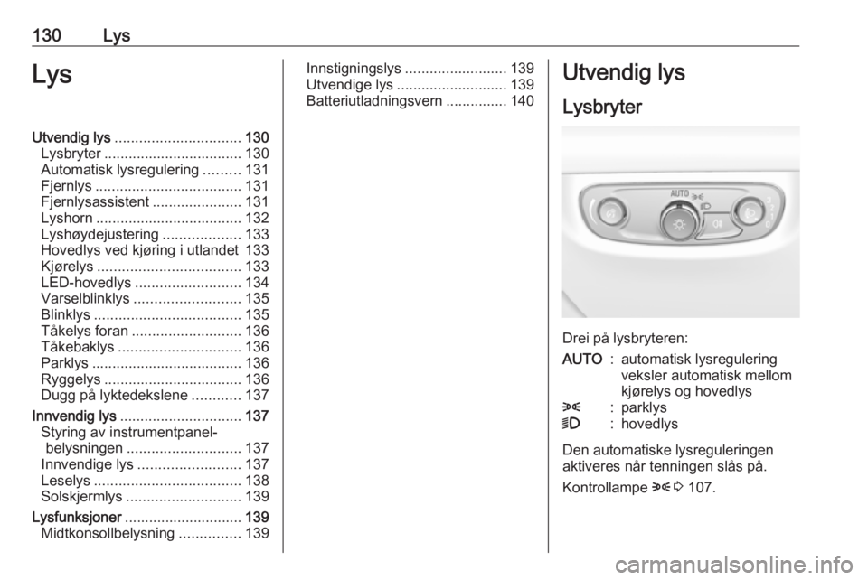 OPEL INSIGNIA BREAK 2019.5 Instruksjonsbok 130LysLysUtvendig lys............................... 130
Lysbryter .................................. 130
Automatisk lysregulering .........131
Fjernlys .................................... 131
Fjernl OPEL INSIGNIA BREAK 2019.5 Instruksjonsbok 130LysLysUtvendig lys............................... 130
Lysbryter .................................. 130
Automatisk lysregulering .........131
Fjernlys .................................... 131
Fjernl