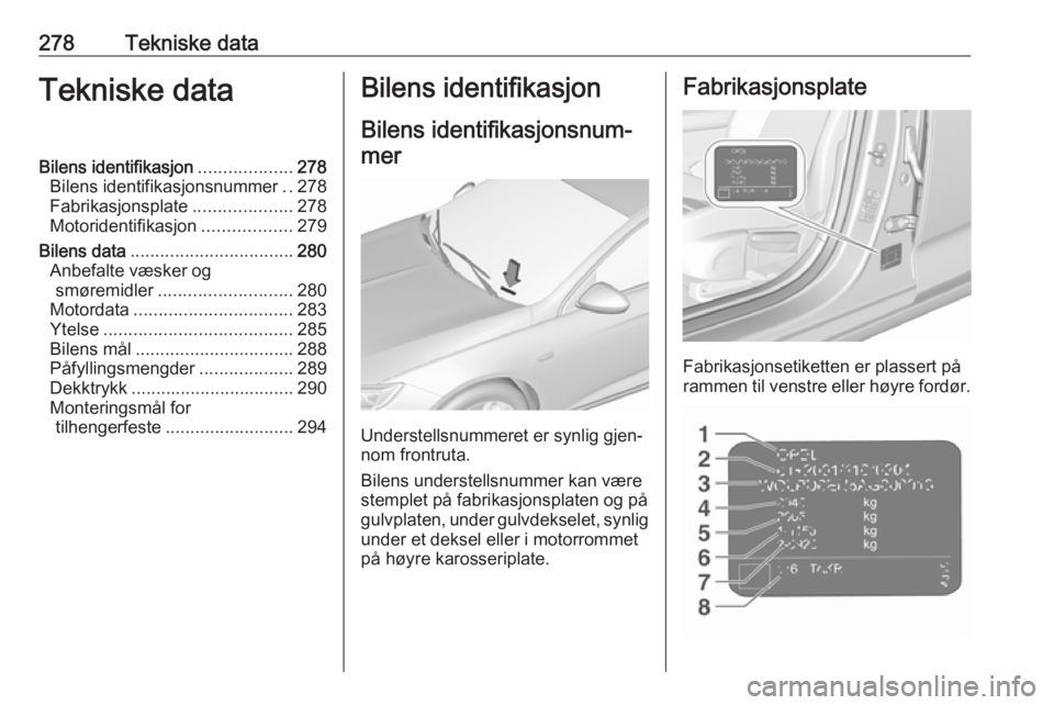 OPEL INSIGNIA BREAK 2019.5 Instruksjonsbok 278Tekniske dataTekniske dataBilens identifikasjon...................278
Bilens identifikasjonsnummer ..278
Fabrikasjonsplate ....................278
Motoridentifikasjon ..................279
Bilens d OPEL INSIGNIA BREAK 2019.5 Instruksjonsbok 278Tekniske dataTekniske dataBilens identifikasjon...................278
Bilens identifikasjonsnummer ..278
Fabrikasjonsplate ....................278
Motoridentifikasjon ..................279
Bilens d