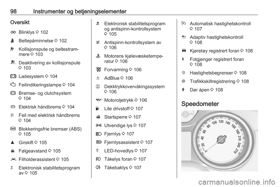 OPEL INSIGNIA BREAK 2019.5  Instruksjonsbok 98Instrumenter og betjeningselementerOversiktOBlinklys 3 102XBeltepåminnelse  3 102vKollisjonspute og beltestram‐
mere  3 103VDeaktivering av kollisjonspute
3  103pLadesystem  3 104ZFeilindikerings