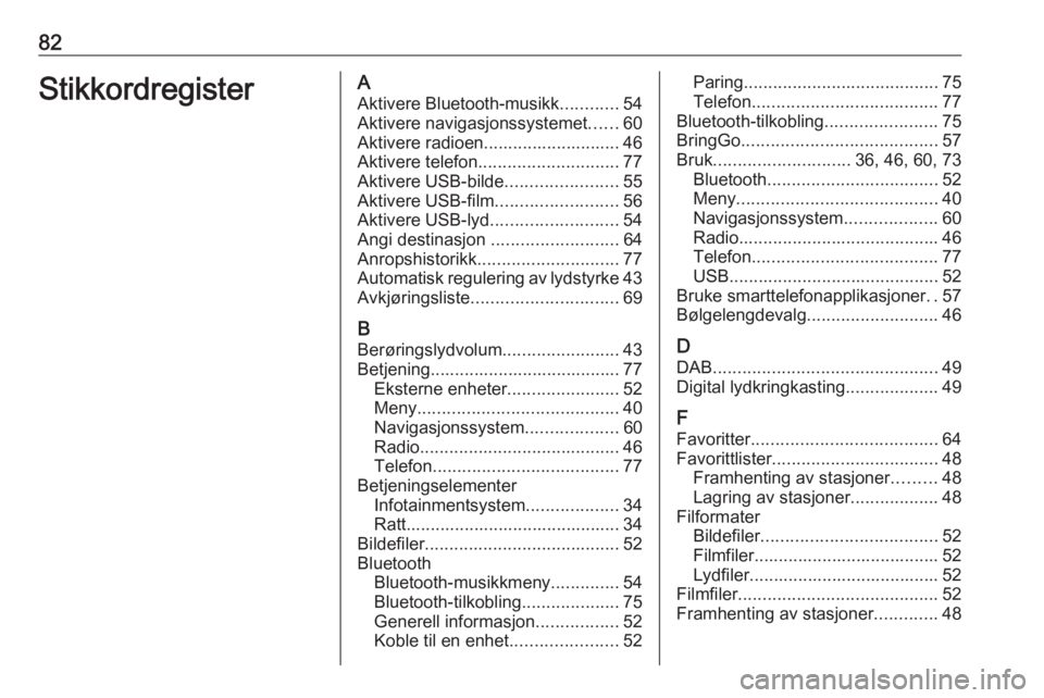 OPEL INSIGNIA BREAK 2020  Brukerhåndbok for infotainmentsystem 82StikkordregisterAAktivere Bluetooth-musikk ............54
Aktivere navigasjonssystemet ......60
Aktivere radioen............................ 46 Aktivere telefon ............................. 77
Akti