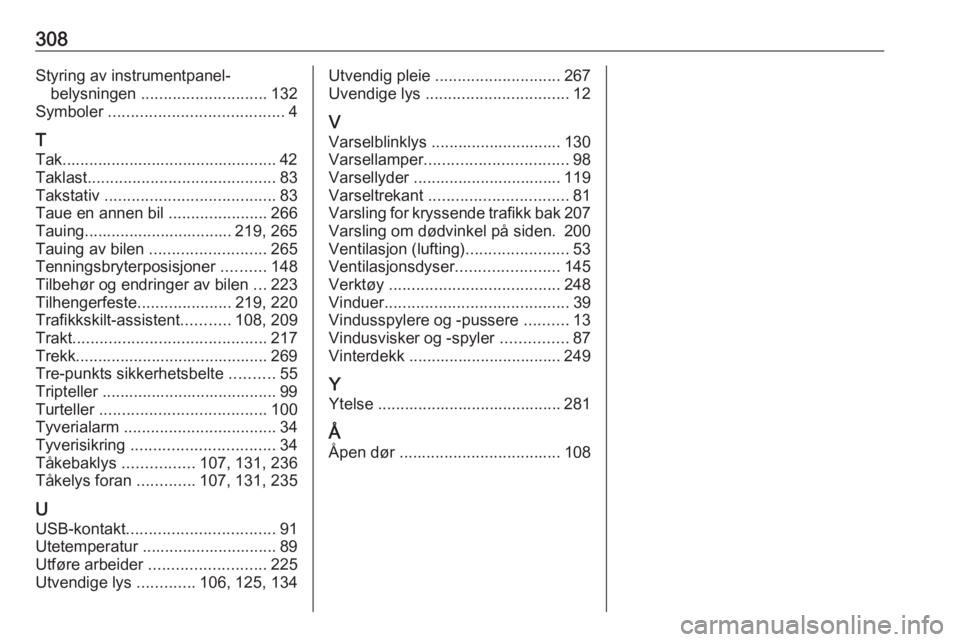 OPEL INSIGNIA BREAK 2020 Instruksjonsbok 308Styring av instrumentpanel-belysningen ............................ 132
Symboler ....................................... 4
T
Tak................................................ 42
Taklast ....... OPEL INSIGNIA BREAK 2020 Instruksjonsbok 308Styring av instrumentpanel-belysningen ............................ 132
Symboler ....................................... 4
T
Tak................................................ 42
Taklast .......