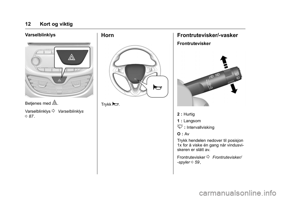 OPEL KARL 2016 Instruksjonsbok OPEL Karl Owner Manual (GMK-Localizing-EU LHD-9231167) - 2016 -
CRC - 9/8/15
12 Kort og viktig
Varselblinklys
Betjenes med|.
Varselblinklys
0Varselblinklys
0 87
ii.
Horn
Trykka.
Frontrutevisker/-vaske OPEL KARL 2016 Instruksjonsbok OPEL Karl Owner Manual (GMK-Localizing-EU LHD-9231167) - 2016 -
CRC - 9/8/15
12 Kort og viktig
Varselblinklys
Betjenes med|.
Varselblinklys
0Varselblinklys
0 87
ii.
Horn
Trykka.
Frontrutevisker/-vaske