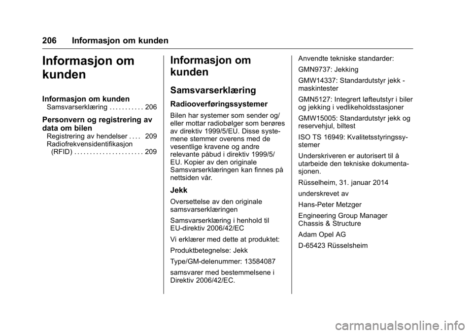 OPEL KARL 2016 Instruksjonsbok OPEL Karl Owner Manual (GMK-Localizing-EU LHD-9231167) - 2016 -
CRC - 9/8/15
206 Informasjon om kunden
Informasjon om
kunden
Informasjon om kunden
Samsvarserklæring . . . . . . . . . . . 206
Personve OPEL KARL 2016 Instruksjonsbok OPEL Karl Owner Manual (GMK-Localizing-EU LHD-9231167) - 2016 -
CRC - 9/8/15
206 Informasjon om kunden
Informasjon om
kunden
Informasjon om kunden
Samsvarserklæring . . . . . . . . . . . 206
Personve