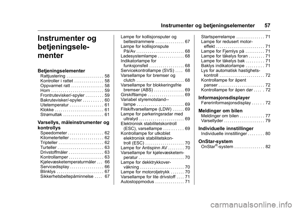 OPEL KARL 2016  Instruksjonsbok OPEL Karl Owner Manual (GMK-Localizing-EU LHD-9231167) - 2016 -
CRC - 9/8/15
Instrumenter og betjeningselementer 57
Instrumenter og
betjeningsele-
menter
Betjeningselementer
Rattjustering . . . . . . 