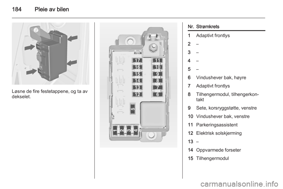 OPEL MERIVA 2014.5  Instruksjonsbok 184Pleie av bilen
Løsne de fire festetappene, og ta av
dekselet.
Nr.Strømkrets1Adaptivt frontlys2–3–4–5–6Vindushever bak, høyre7Adaptivt frontlys8Tilhengermodul, tilhengerkon‐
takt9Sete,  OPEL MERIVA 2014.5  Instruksjonsbok 184Pleie av bilen
Løsne de fire festetappene, og ta av
dekselet.
Nr.Strømkrets1Adaptivt frontlys2–3–4–5–6Vindushever bak, høyre7Adaptivt frontlys8Tilhengermodul, tilhengerkon‐
takt9Sete,