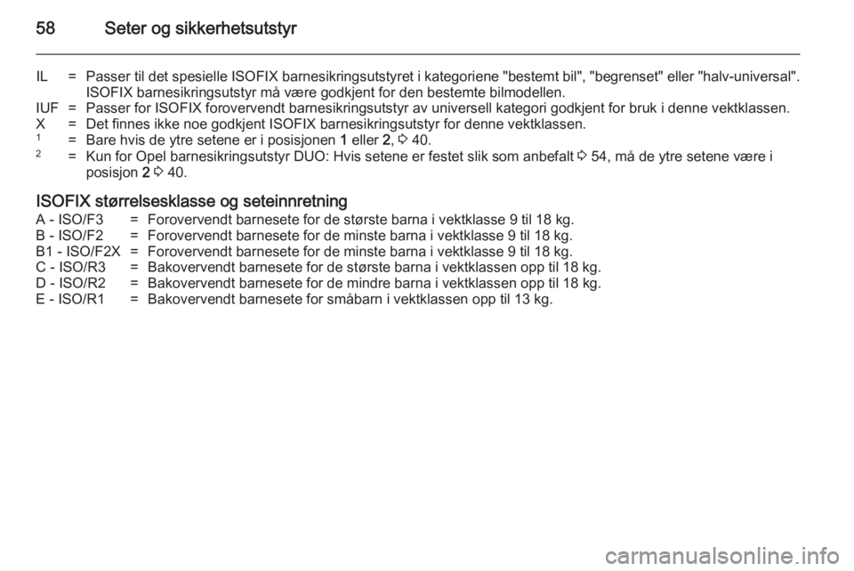 OPEL MERIVA 2014.5  Instruksjonsbok 58Seter og sikkerhetsutstyr
IL=Passer til det spesielle ISOFIX barnesikringsutstyret i kategoriene "bestemt bil", "begrenset" eller "halv-universal".
ISOFIX barnesikringsutstyr OPEL MERIVA 2014.5  Instruksjonsbok 58Seter og sikkerhetsutstyr
IL=Passer til det spesielle ISOFIX barnesikringsutstyret i kategoriene "bestemt bil", "begrenset" eller "halv-universal".
ISOFIX barnesikringsutstyr