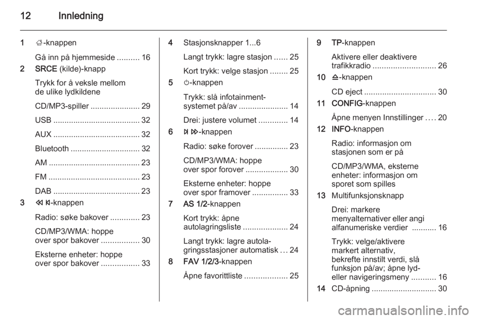 OPEL MERIVA 2015  Brukerhåndbok for infotainmentsystem 12Innledning
1;-knappen
Gå inn på hjemmeside ..........16
2 SRCE  (kilde)-knapp
Trykk for å veksle mellom
de ulike lydkildene
CD/MP3-spiller ......................29
USB ...........................