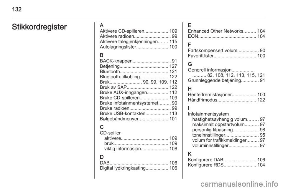 OPEL MERIVA 2015  Brukerhåndbok for infotainmentsystem 132StikkordregisterAAktivere CD-spilleren ..................109
Aktivere radioen............................ 99
Aktivere talegjenkjenningen .......115
Autolagringslister ........................100
B 