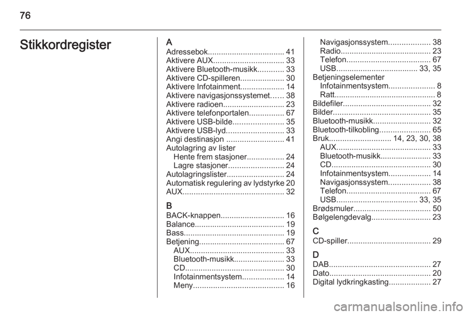 OPEL MERIVA 2015  Brukerhåndbok for infotainmentsystem 76StikkordregisterAAdressebok................................... 41Aktivere AUX ................................ 33
Aktivere Bluetooth-musikk ............33
Aktivere CD-spilleren ....................3