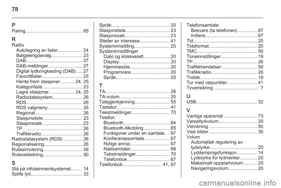 OPEL MERIVA 2015  Brukerhåndbok for infotainmentsystem 78
PParing ........................................... 65
R
Radio Autolagring av lister................... 24
Bølgelengdevalg .......................23
DAB ...........................................