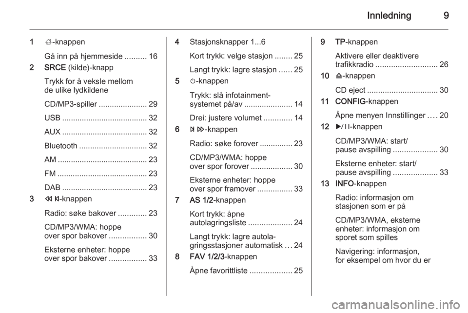 OPEL MERIVA 2015  Brukerhåndbok for infotainmentsystem Innledning9
1;-knappen
Gå inn på hjemmeside ..........16
2 SRCE  (kilde)-knapp
Trykk for å veksle mellom
de ulike lydkildene
CD/MP3-spiller ......................29
USB ............................