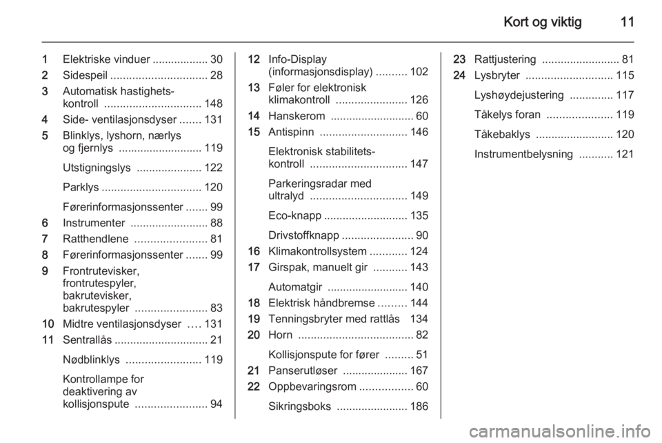 OPEL MERIVA 2015 Instruksjonsbok Kort og viktig11
1Elektriske vinduer .................. 30
2 Sidespeil ............................... 28
3 Automatisk hastighets‐
kontroll ............................... 148
4 Side- ventilasjonsd OPEL MERIVA 2015 Instruksjonsbok Kort og viktig11
1Elektriske vinduer .................. 30
2 Sidespeil ............................... 28
3 Automatisk hastighets‐
kontroll ............................... 148
4 Side- ventilasjonsd