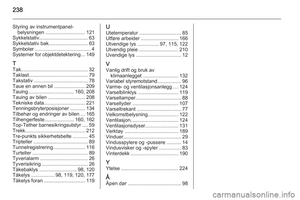 OPEL MERIVA 2015  Instruksjonsbok 238
Styring av instrumentpanel-belysningen  ............................ 121
Sykkelstativ................................... 63
Sykkelstativ bak ............................ 63
Symboler  .............
