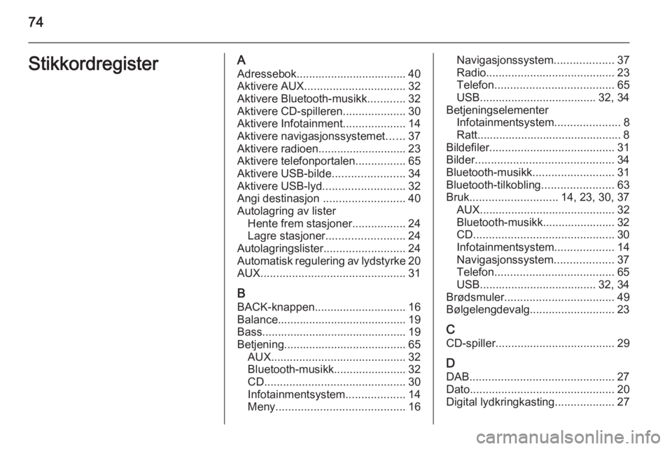 OPEL MERIVA 2015.5  Brukerhåndbok for infotainmentsystem 74StikkordregisterAAdressebok................................... 40Aktivere AUX ................................ 32
Aktivere Bluetooth-musikk ............32
Aktivere CD-spilleren ....................3