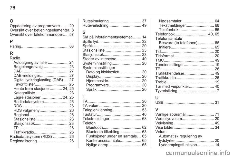 OPEL MERIVA 2015.5 Brukerhåndbok for infotainmentsystem 76
O
Oppdatering av programvare .......20
Oversikt over betjeningselementer. 8
Oversikt over talekommandoer..... 57
P Paring ........................................... 63
R Radio Autolagring av liste OPEL MERIVA 2015.5 Brukerhåndbok for infotainmentsystem 76
O
Oppdatering av programvare .......20
Oversikt over betjeningselementer. 8
Oversikt over talekommandoer..... 57
P Paring ........................................... 63
R Radio Autolagring av liste