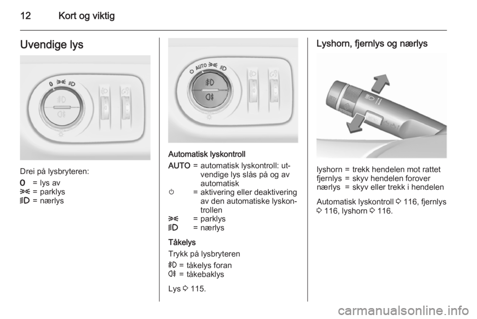 OPEL MERIVA 2015.5  Instruksjonsbok 12Kort og viktigUvendige lys
Drei på lysbryteren:
7=lys av8=parklys9=nærlys
Automatisk lyskontroll
AUTO=automatisk lyskontroll: ut‐
vendige lys slås på og av
automatiskm=aktivering eller deaktiv