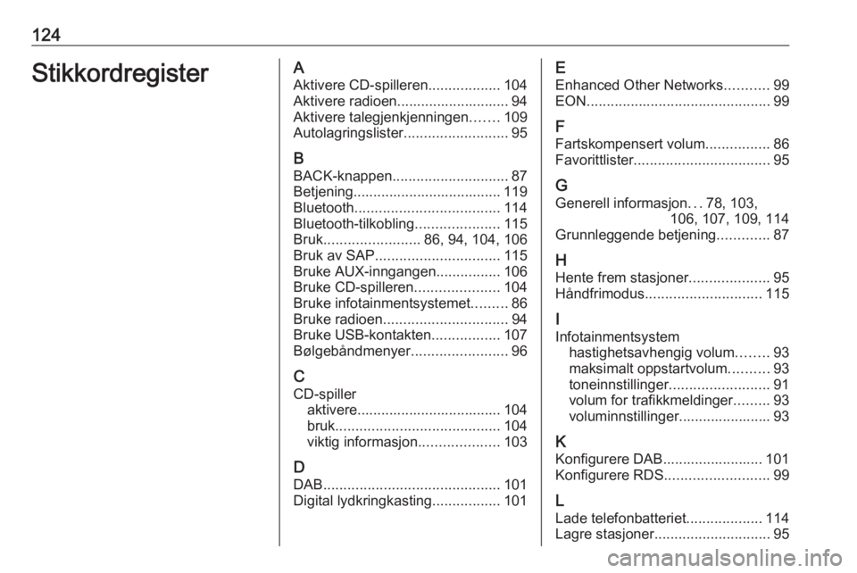OPEL MERIVA 2016 Brukerhåndbok for infotainmentsystem 124StikkordregisterAAktivere CD-spilleren ..................104
Aktivere radioen............................ 94
Aktivere talegjenkjenningen .......109
Autolagringslister ..........................95
B OPEL MERIVA 2016 Brukerhåndbok for infotainmentsystem 124StikkordregisterAAktivere CD-spilleren ..................104
Aktivere radioen............................ 94
Aktivere talegjenkjenningen .......109
Autolagringslister ..........................95
B