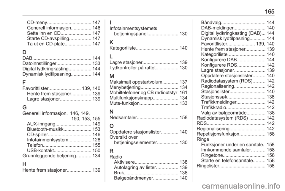 OPEL MERIVA 2016  Brukerhåndbok for infotainmentsystem 165CD-meny................................. 147
Generell informasjon ...............146
Sette inn en CD .......................147
Starte CD-avspilling ................147
Ta ut en CD-plate ..........