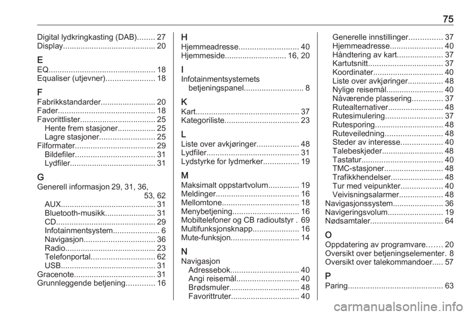 OPEL MERIVA 2016  Brukerhåndbok for infotainmentsystem 75Digital lydkringkasting (DAB)........27
Display .......................................... 20
E
EQ ................................................ 18
Equaliser (utjevner) ......................18
F