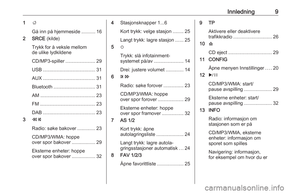 OPEL MERIVA 2016  Brukerhåndbok for infotainmentsystem Innledning91;
Gå inn på hjemmeside ..........16
2 SRCE  (kilde)
Trykk for å veksle mellom
de ulike lydkildene
CD/MP3-spiller ......................29
USB ....................................... 31
