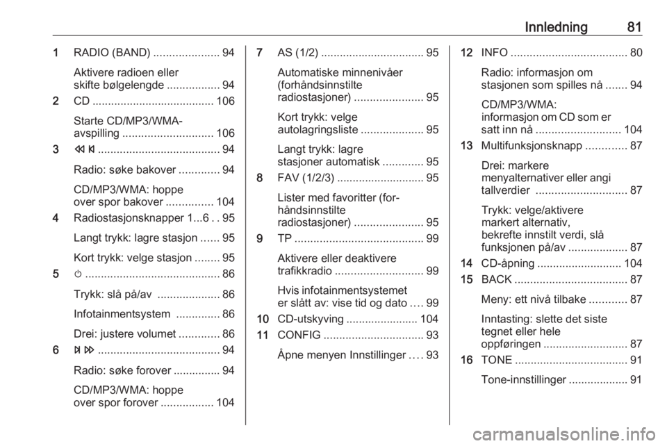 OPEL MERIVA 2016  Brukerhåndbok for infotainmentsystem Innledning811RADIO (BAND) .....................94
Aktivere radioen eller
skifte bølgelengde .................94
2 CD....................................... 106
Starte CD/MP3/WMA-
avspilling .........