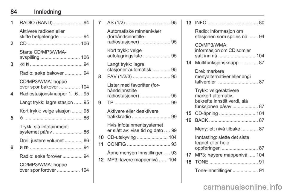 OPEL MERIVA 2016  Brukerhåndbok for infotainmentsystem 84Innledning1RADIO (BAND) .....................94
Aktivere radioen eller
skifte bølgelengde .................94
2 CD....................................... 106
Starte CD/MP3/WMA-
avspilling .........