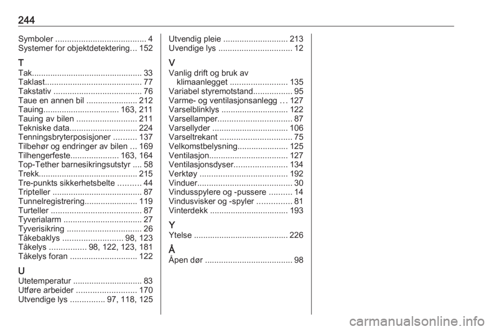 OPEL MERIVA 2016  Instruksjonsbok 244Symboler ....................................... 4
Systemer for objektdetektering ...152
T
Tak................................................ 33
Taklast .......................................... 